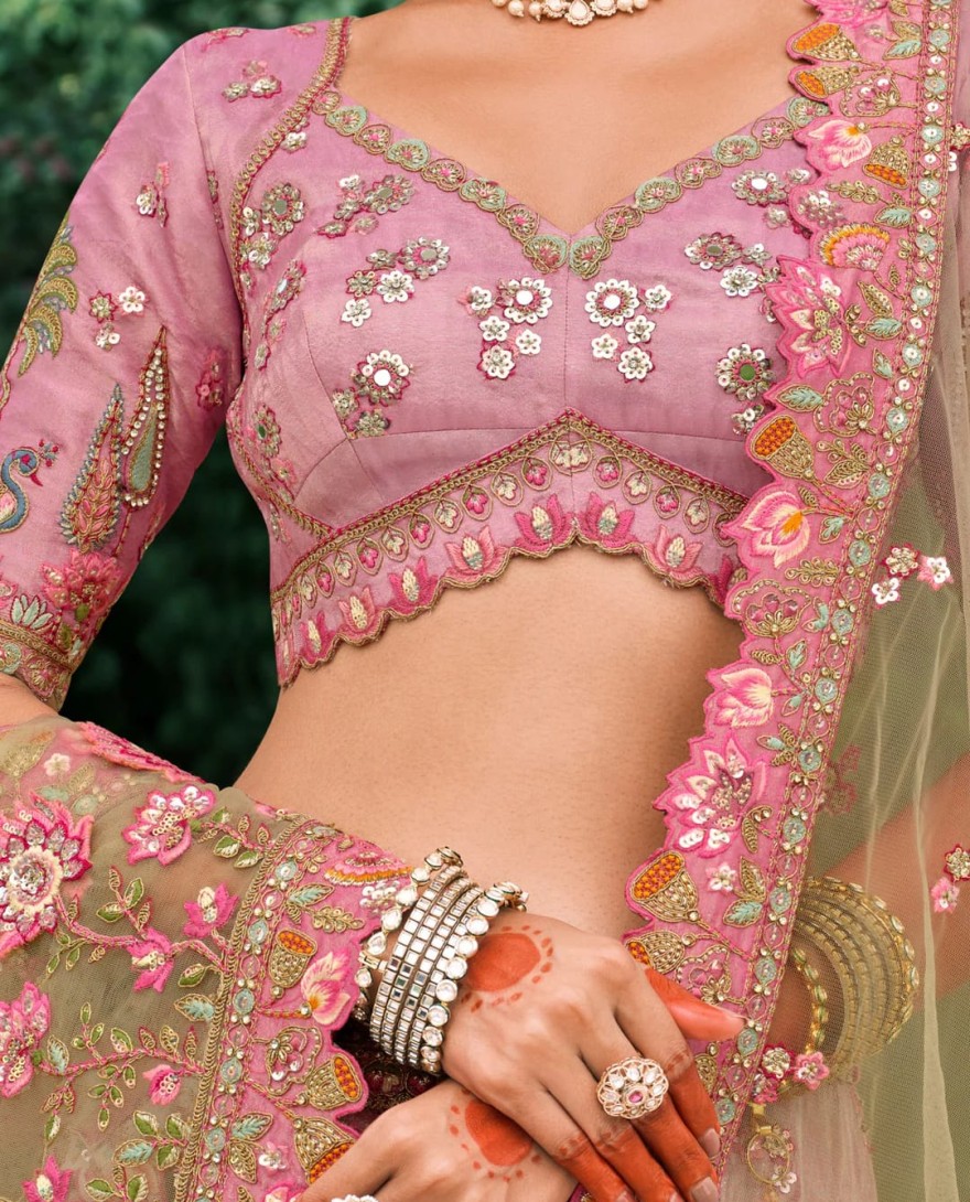 Green - Pistachio Green Fancy Silk Lehenga Choli With Cut Work Embroidery Border & Stone Work